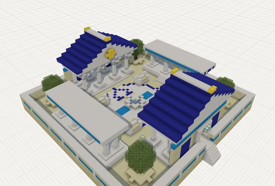 A Minecraft Greek-themed PVP arena with blue roofs, columns and a courtyard
