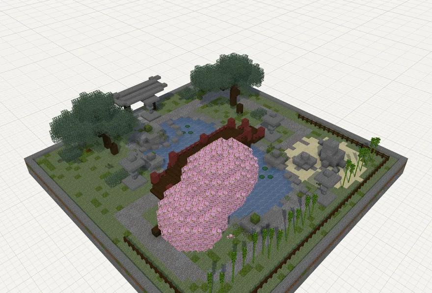 A Minecraft Japanese garden with a cherry blossom, a pond and a red bridge