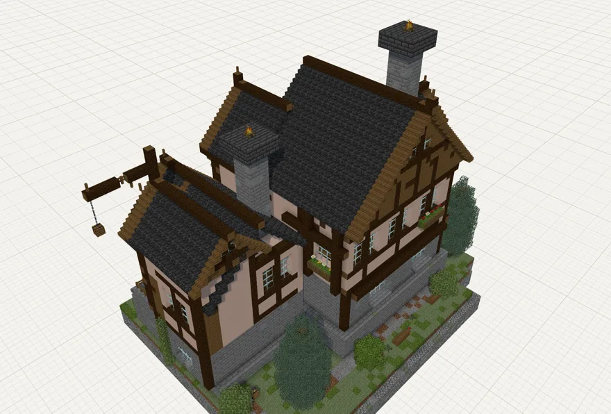 A Minecraft timber-framed manor with a slate roof and a garden