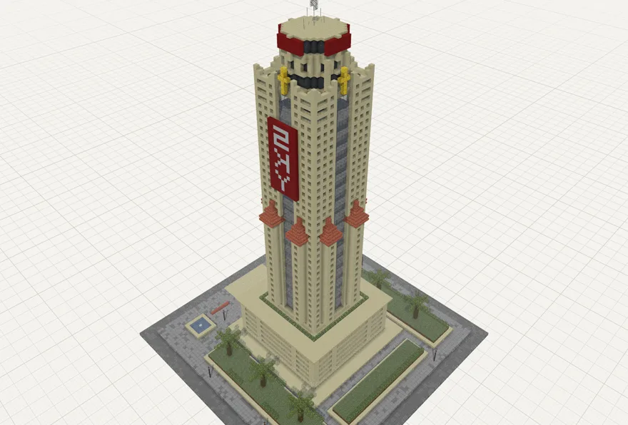 The Baiyoke Tower built in Minecraft, a tall skyscraper on a plaza